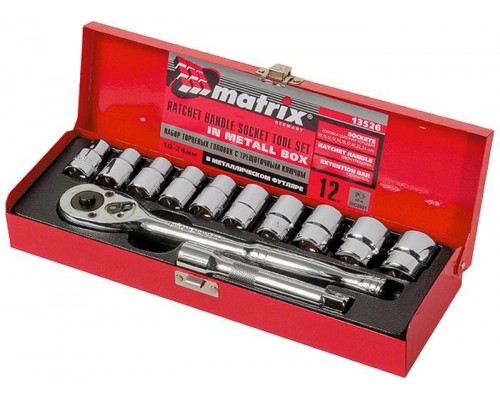 Набор торцевых головок MATRIX MASTER 12 предм, 1/2, головки 10 - 24 мм, с трещот. ключом / 13526
